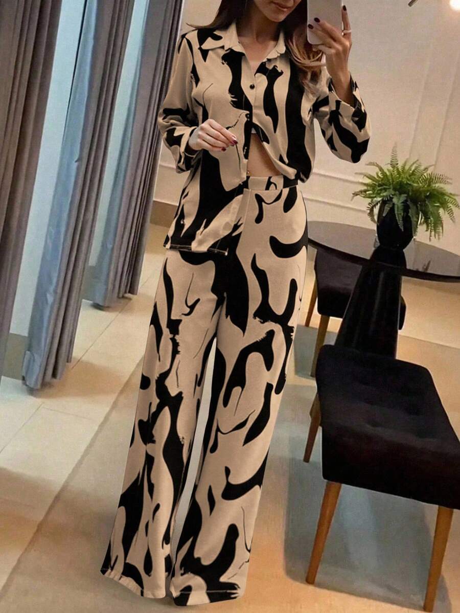 black and beige geometric print long sleeve co-ord set