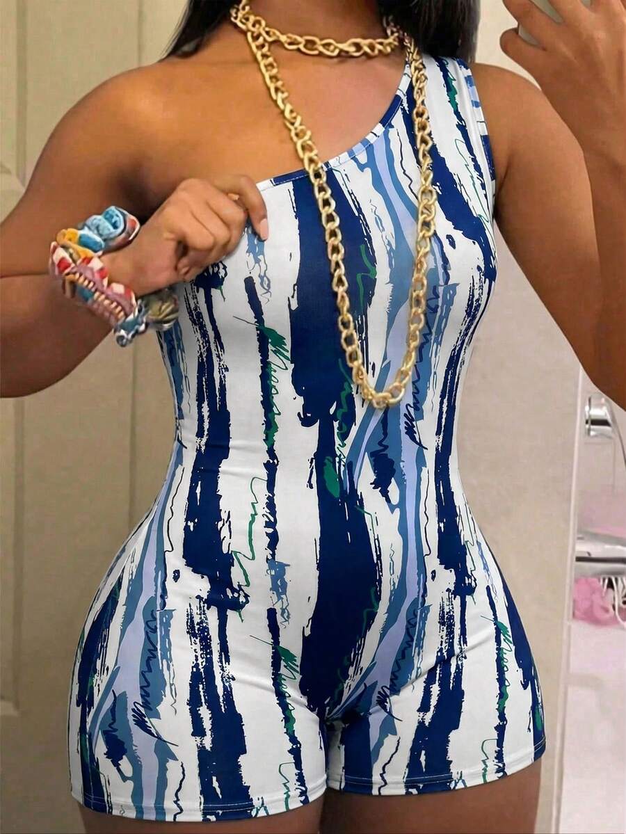 one-shoulder printed stretch romper
