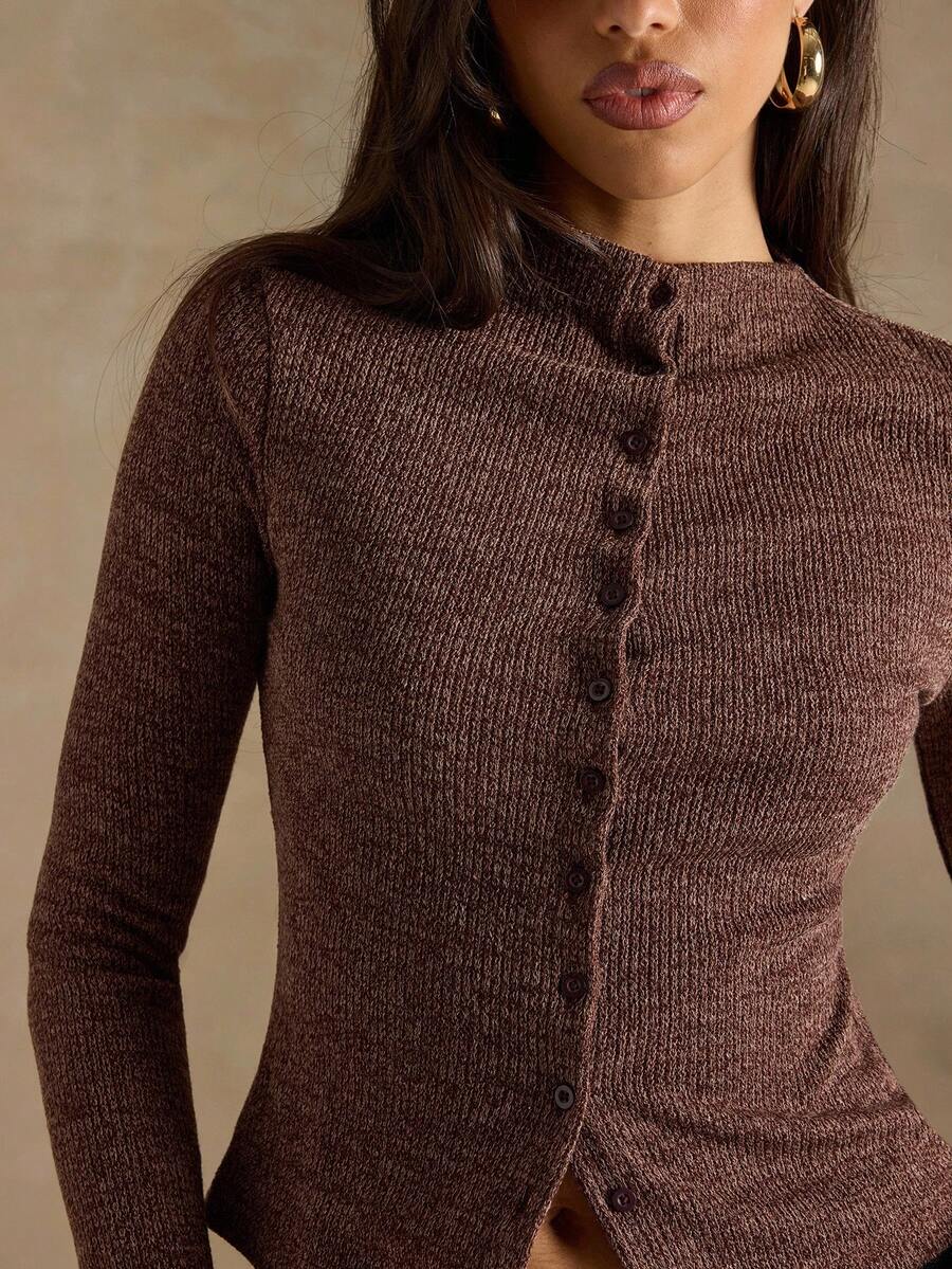 brown solid color long sleeve knit cardigan