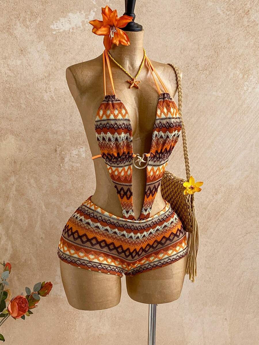 soleia textured knit striped metal decor romper