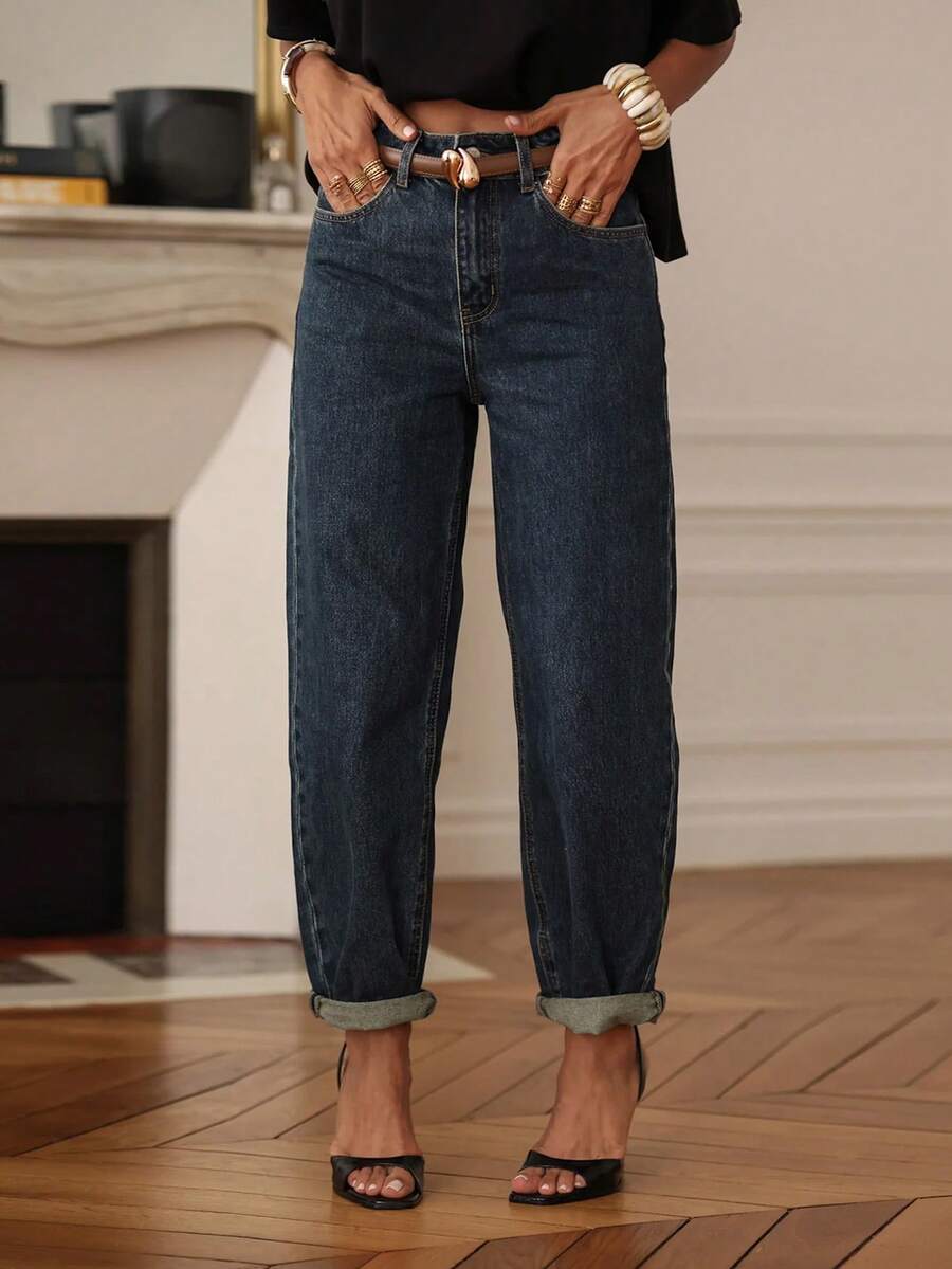 women's casual solid dark wash denim jeans