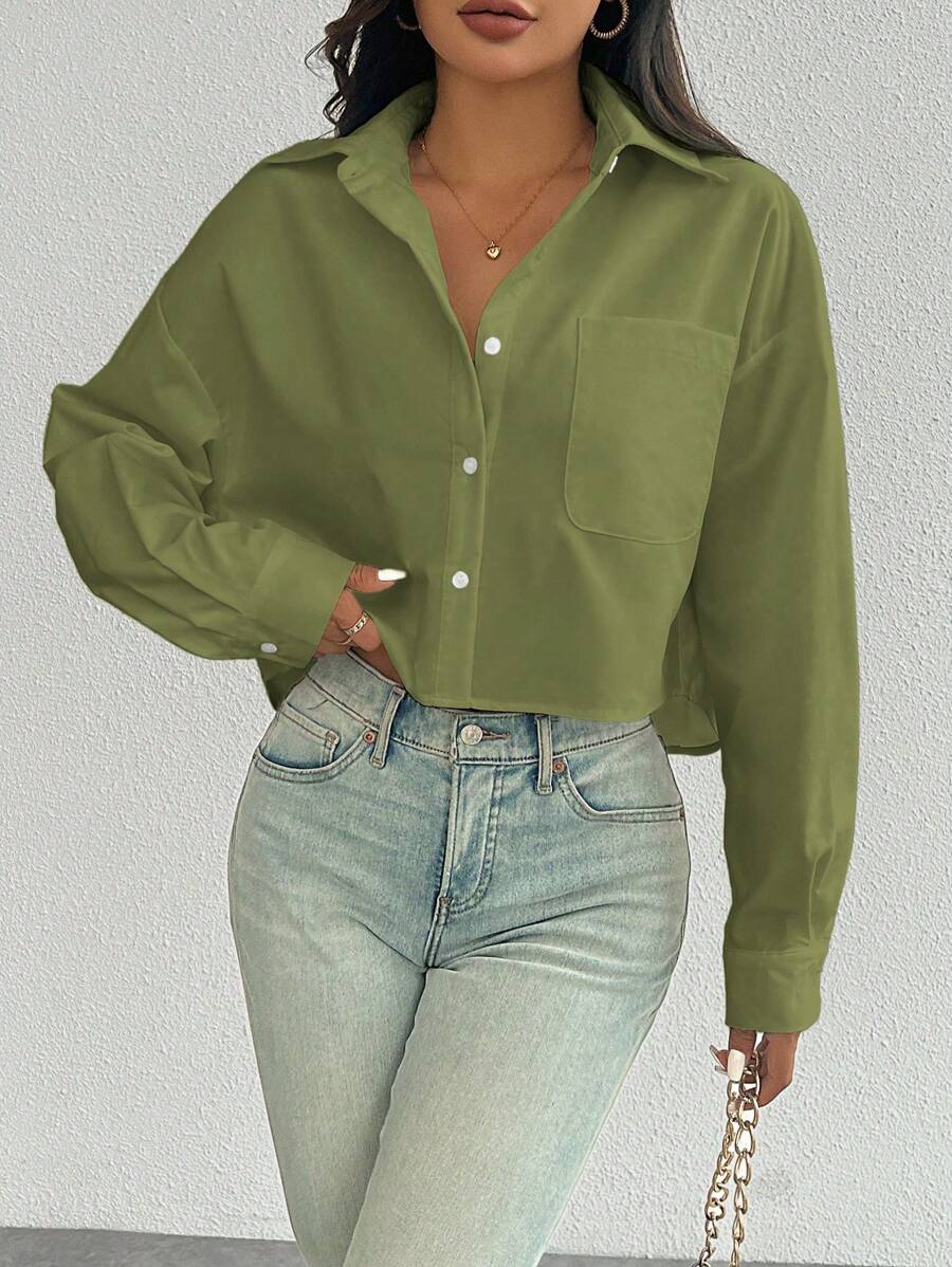 olive green button front long sleeve casual shirt