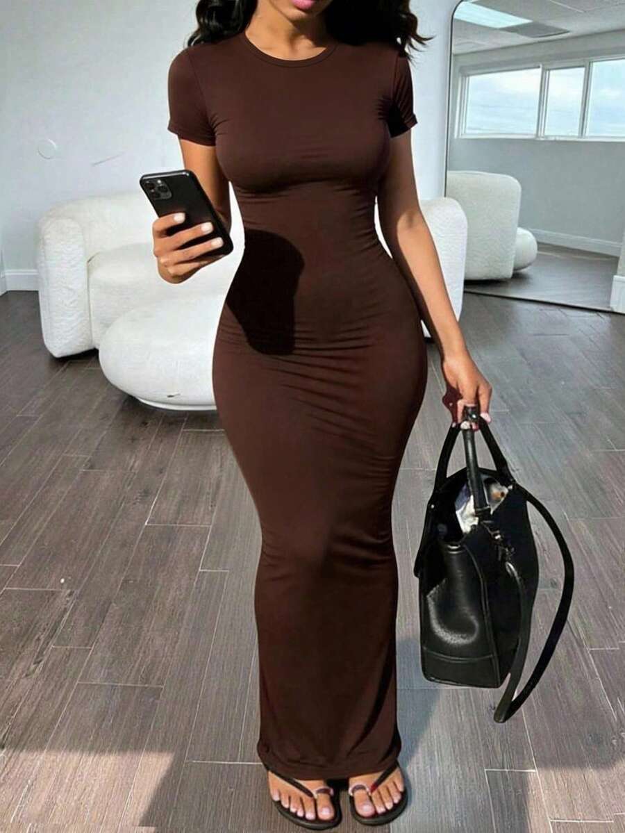 brown short sleeve bodycon maxi dress