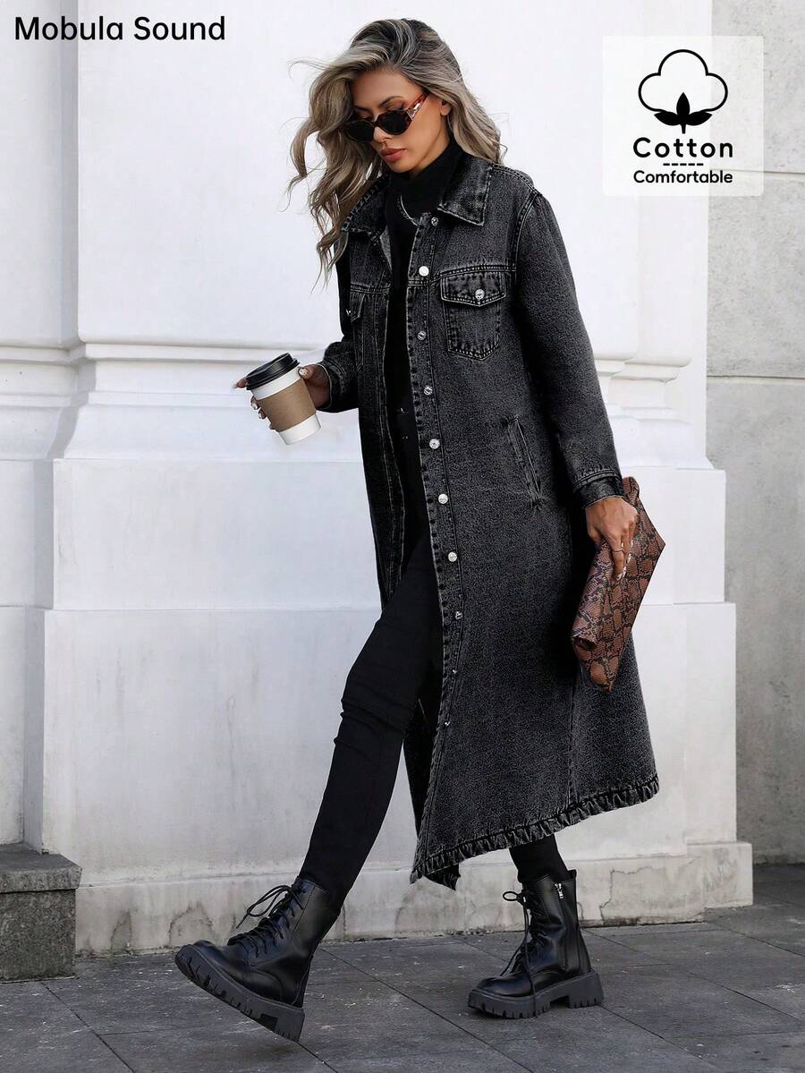 long black denim button down trench coat