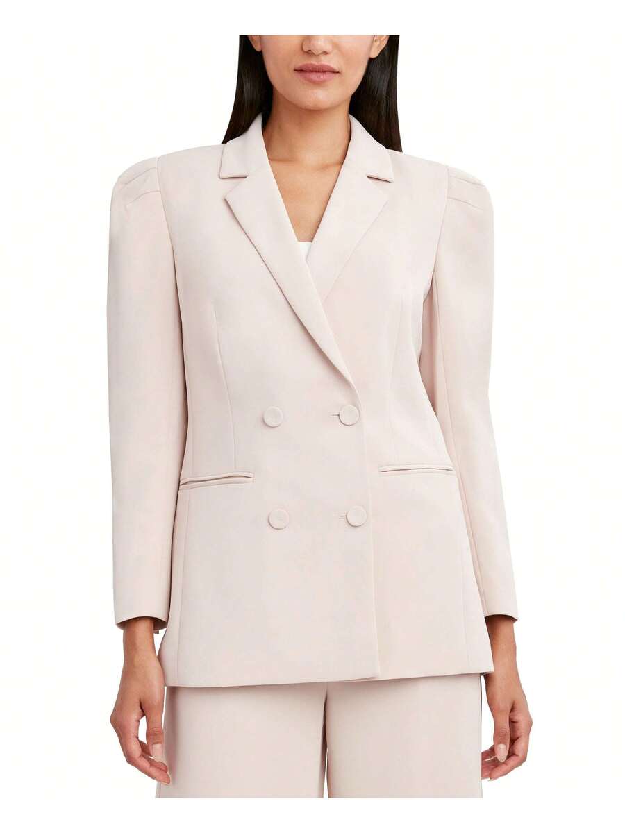 blush pink double breasted blazer with puff shoulders