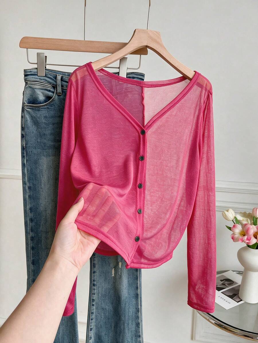 pink sheer button-down long sleeve top