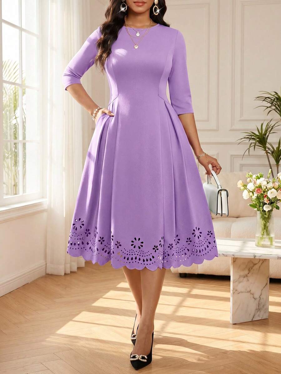 solid deep purple midi dress with laser cut hem