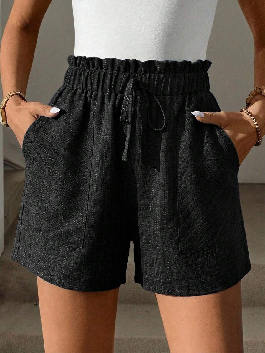 black textured jacquard elastic waist casual shorts