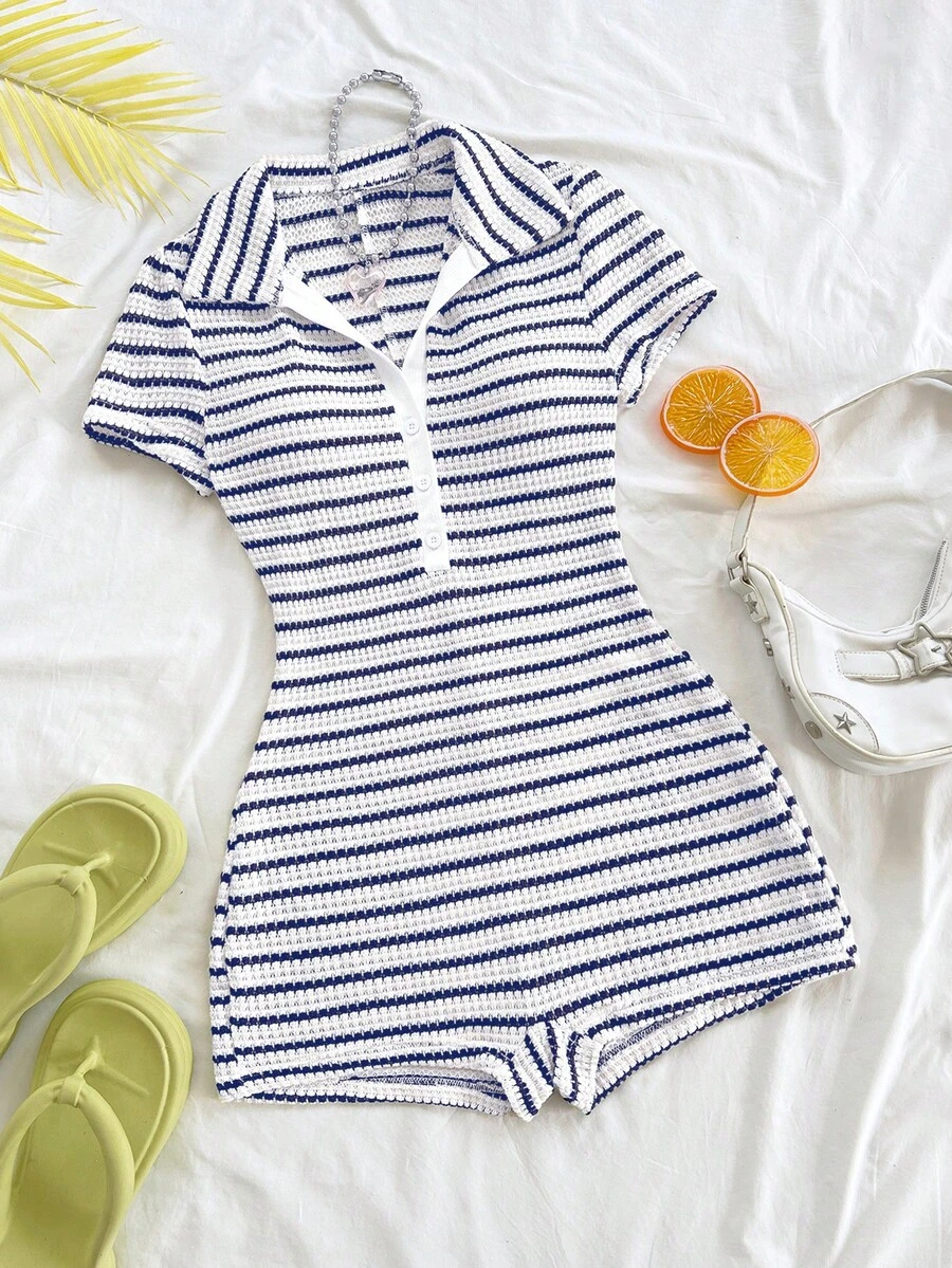 navy and white striped knit polo romper