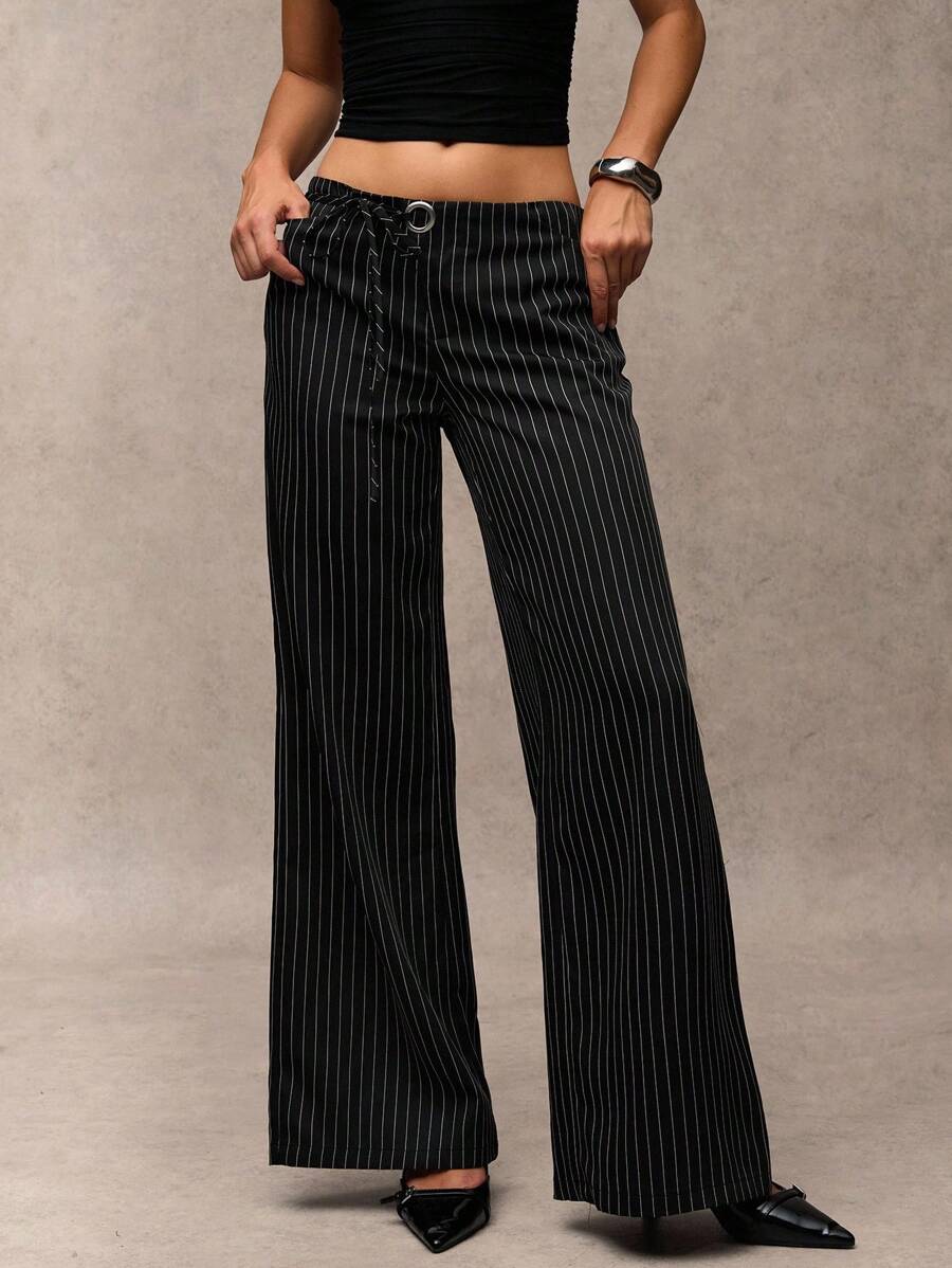 women's black pinstriped wide-leg trousers