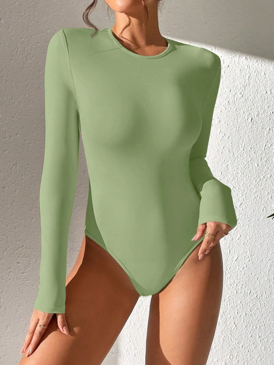 sage green long sleeve slim fit bodysuit