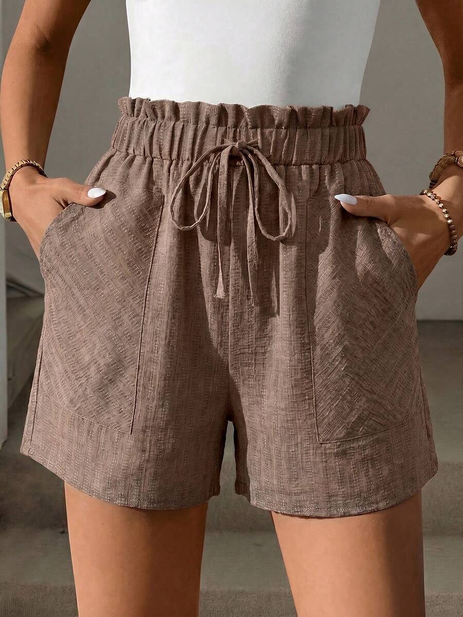 textured jacquard coffee brown elastic waist shorts