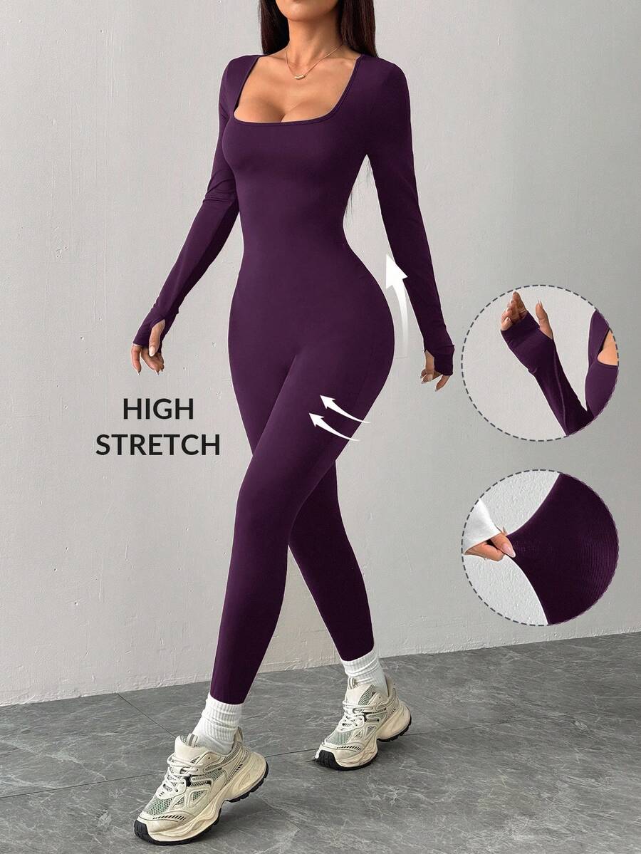 black knitted square neck long sleeve yoga jumpsuit