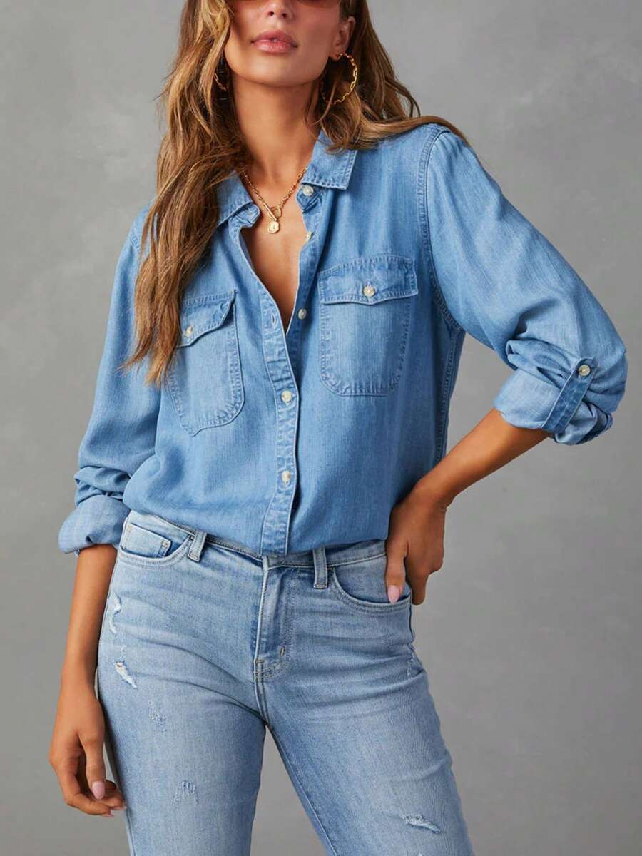 lightweight blue denim button-down shirt