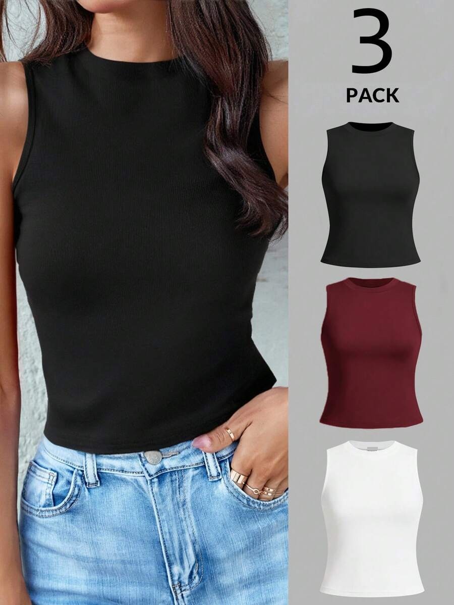 three pack ribbed sleeveless fitted tank tops