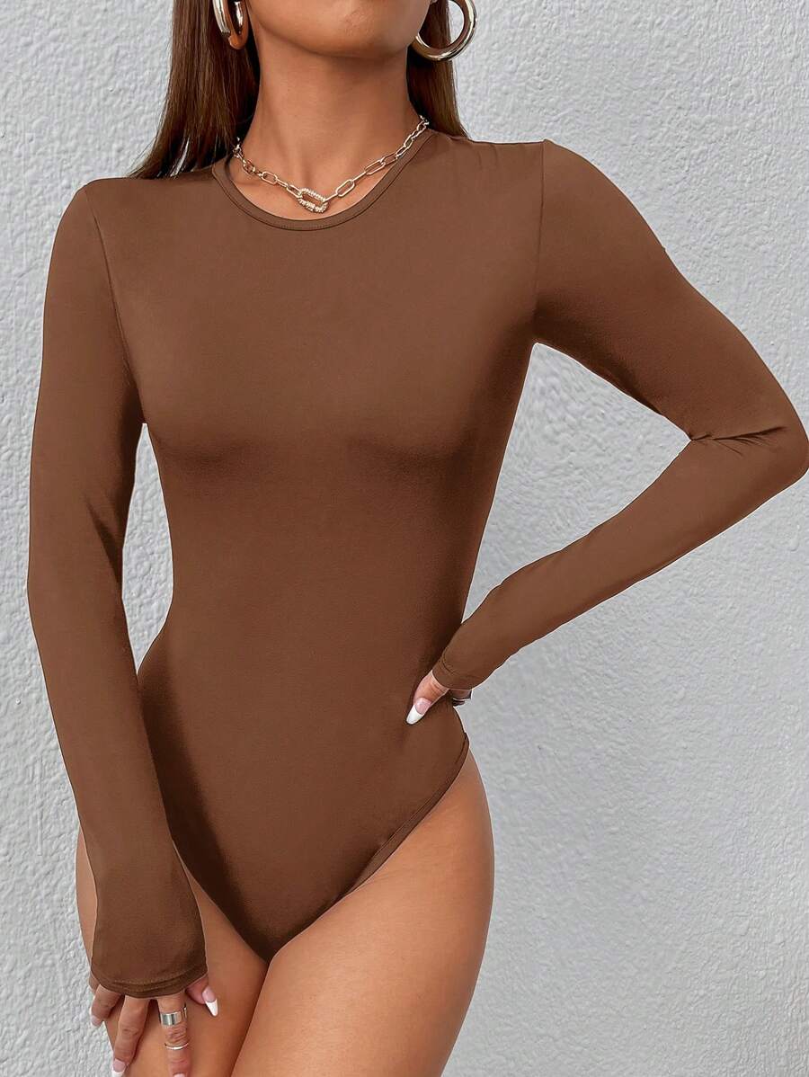 solid brown slim fit long sleeve bodysuit