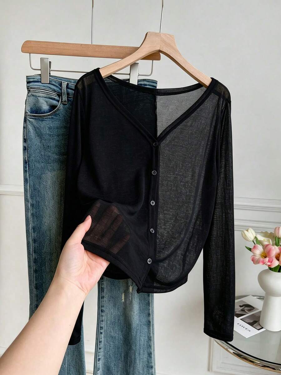 black sheer long sleeve knit cardigan