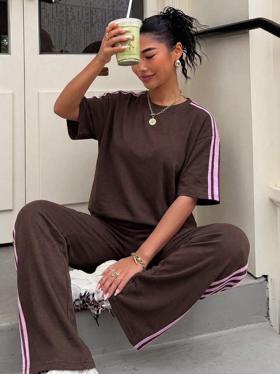 brown striped crew neck loungewear set