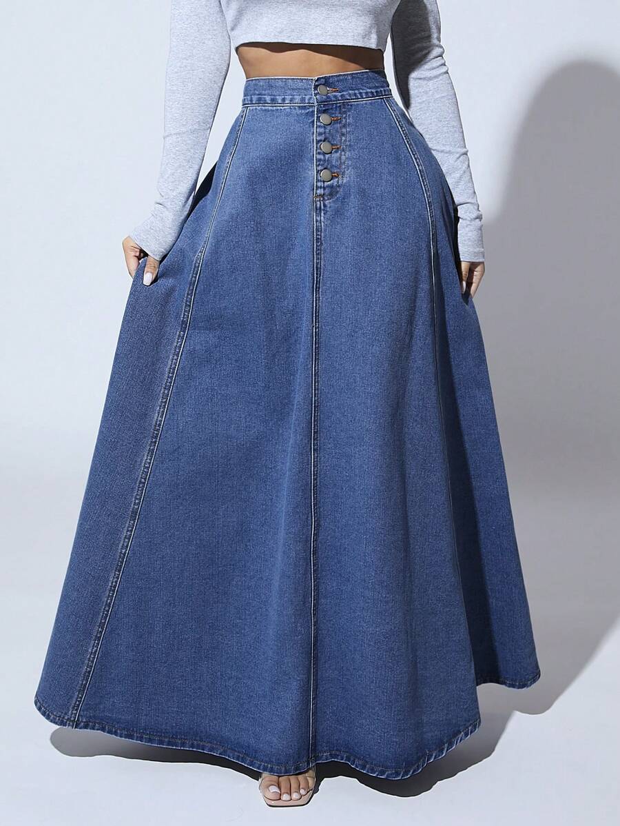 button front casual denim maxi skirt