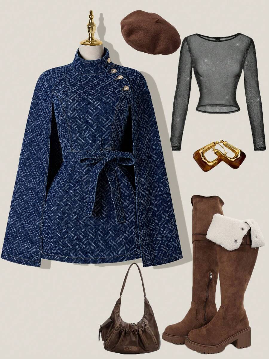 blue denim stand collar belted cape jacket