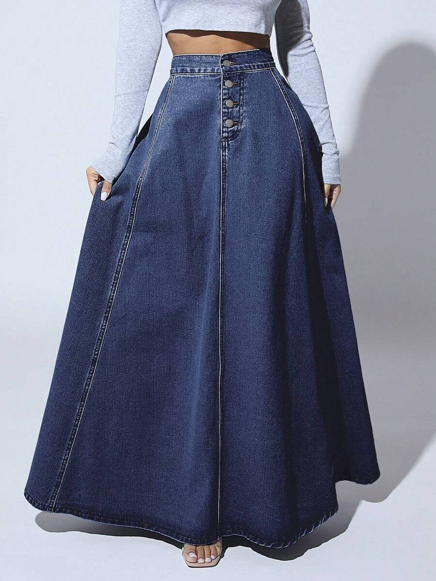 dark wash denim maxi skirt with button front