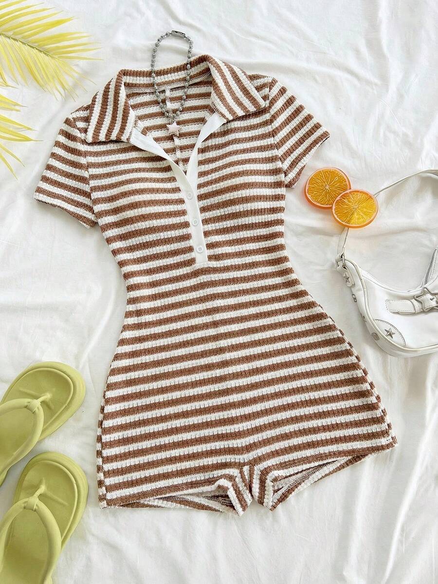 brown striped casual romper
