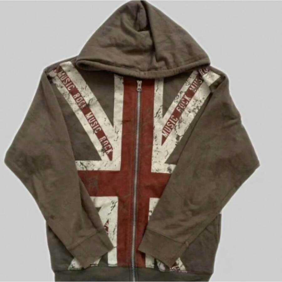 brown polyester zip-up hoodie with union jack print