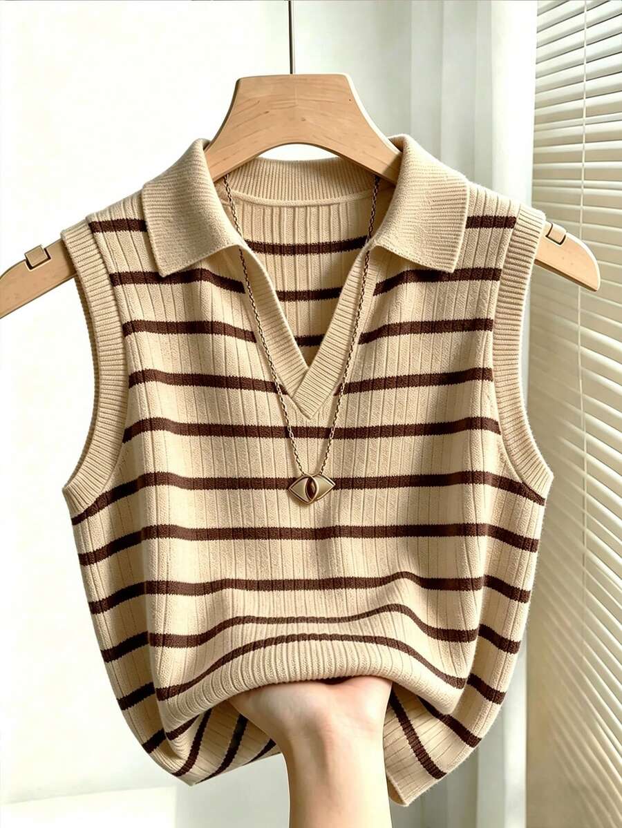 casual elegant intellectual collared striped knit vest