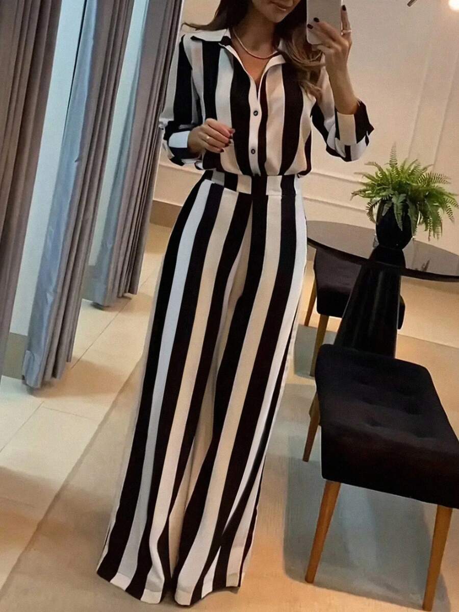 black and white striped long sleeve coord set