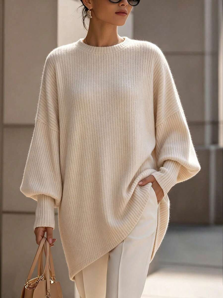 beige ribbed knit asymmetrical hem sweater