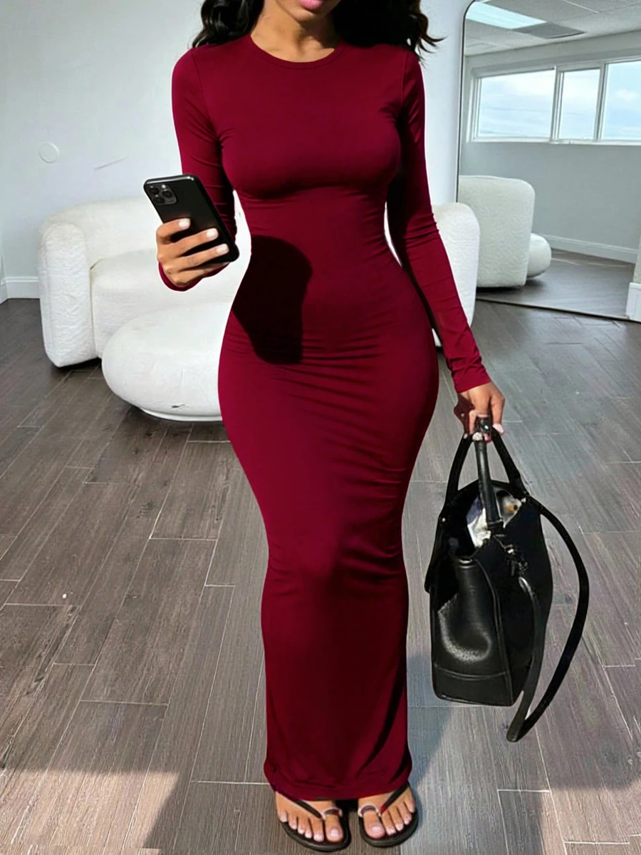 burgundy long sleeve fitted maxi dress