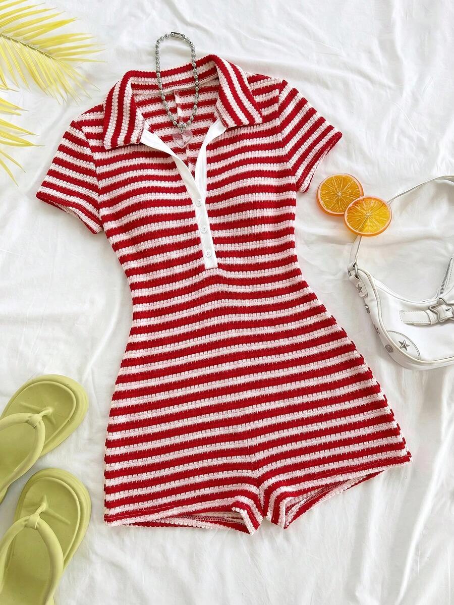 red and white striped knit polo romper