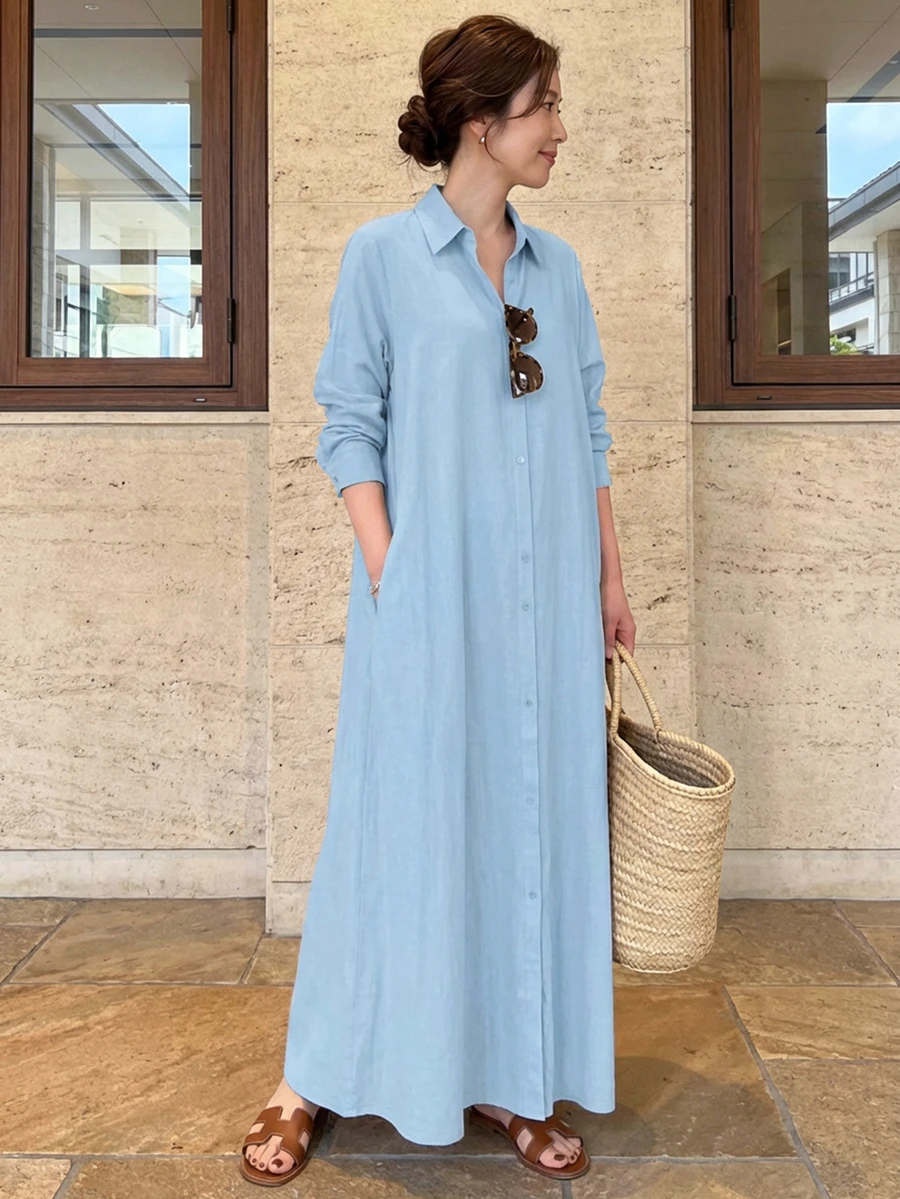 light blue long sleeve cotton shirt dress