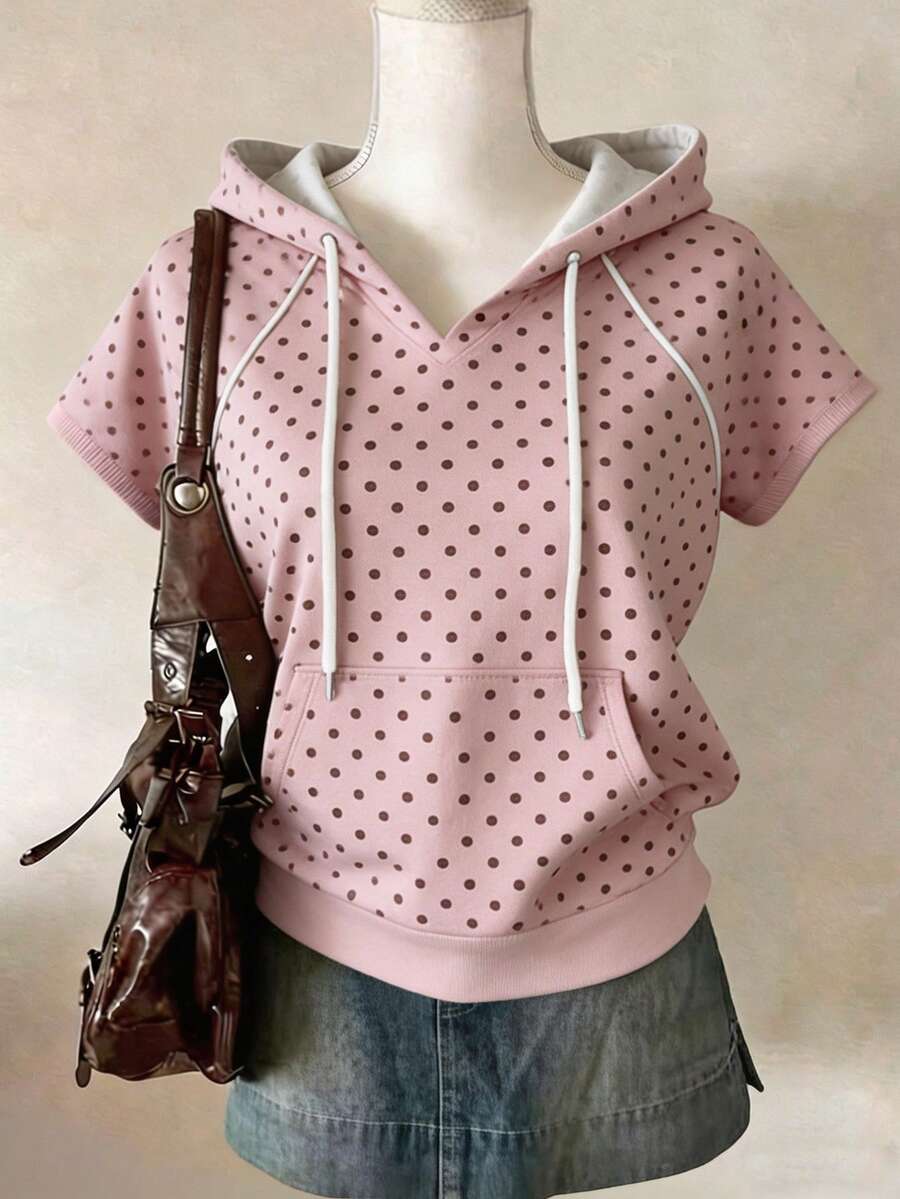pink and black polka dot short sleeve drawstring hoodie