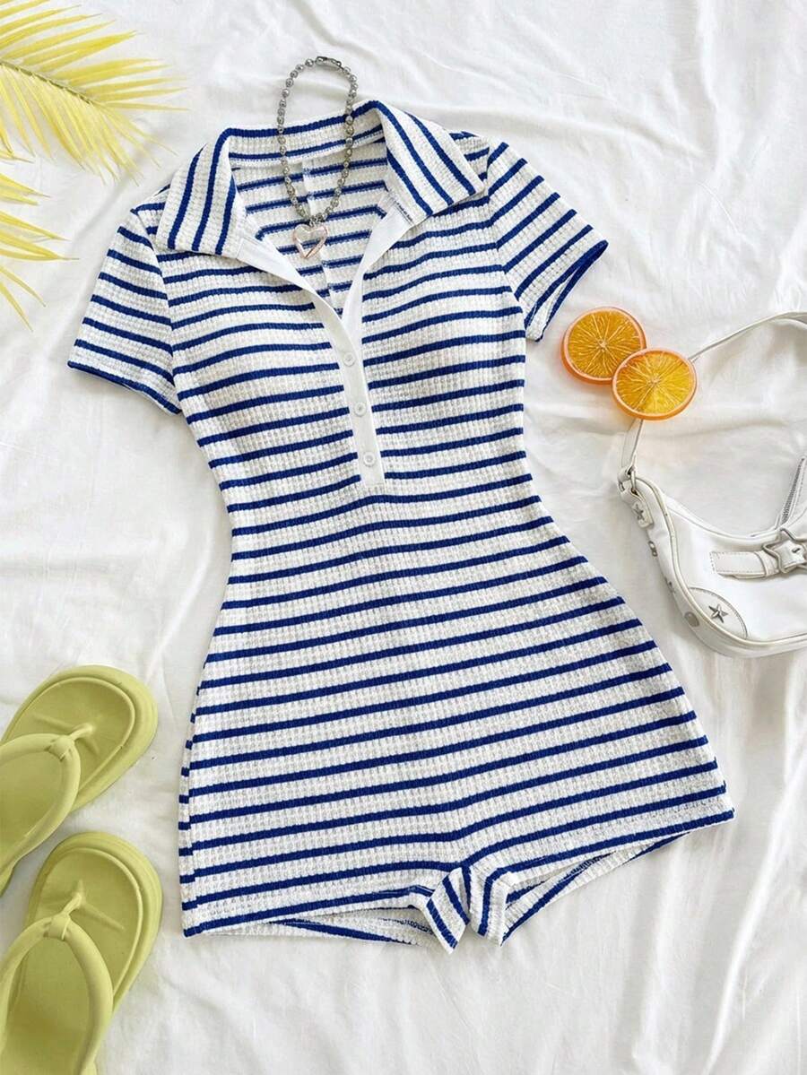blue and white striped ribbed knit playsuit
