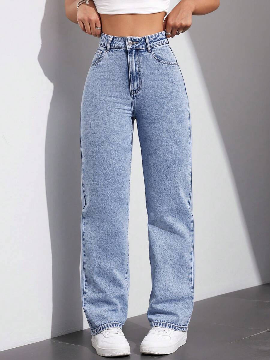 light wash straight-leg denim jeans
