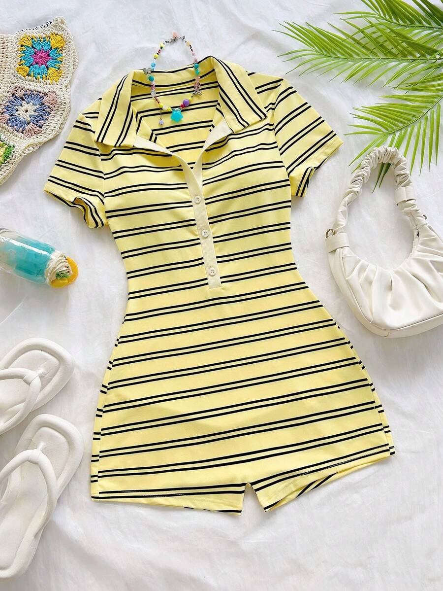 yellow and black striped polo romper