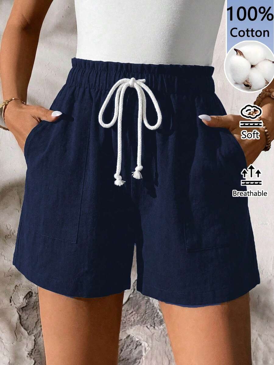 navy blue cotton elastic waist casual shorts with pockets