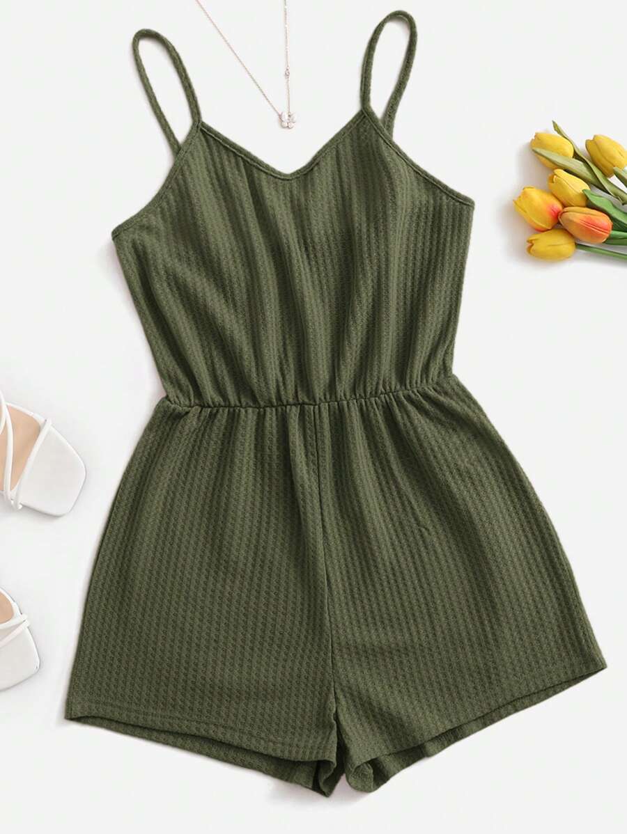 solid pink waffle knit cami short romper