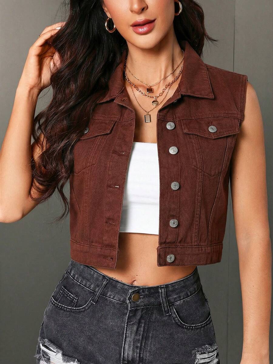 brown denim sleeveless cropped vest jacket