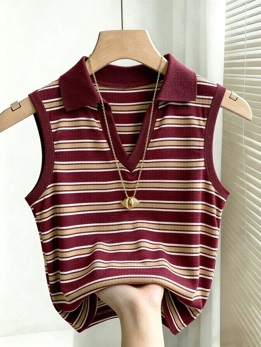 burgundy striped collared knit sleeveless top