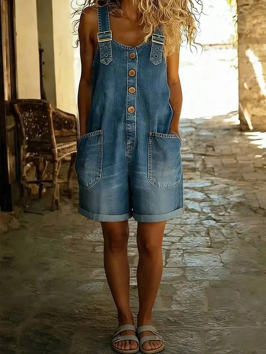 denim overall shorts romper with button front