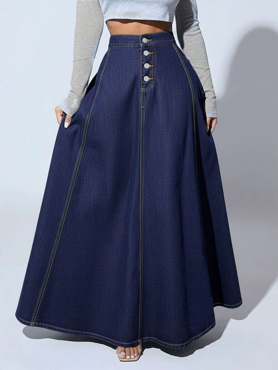 dark wash denim button-front maxi skirt