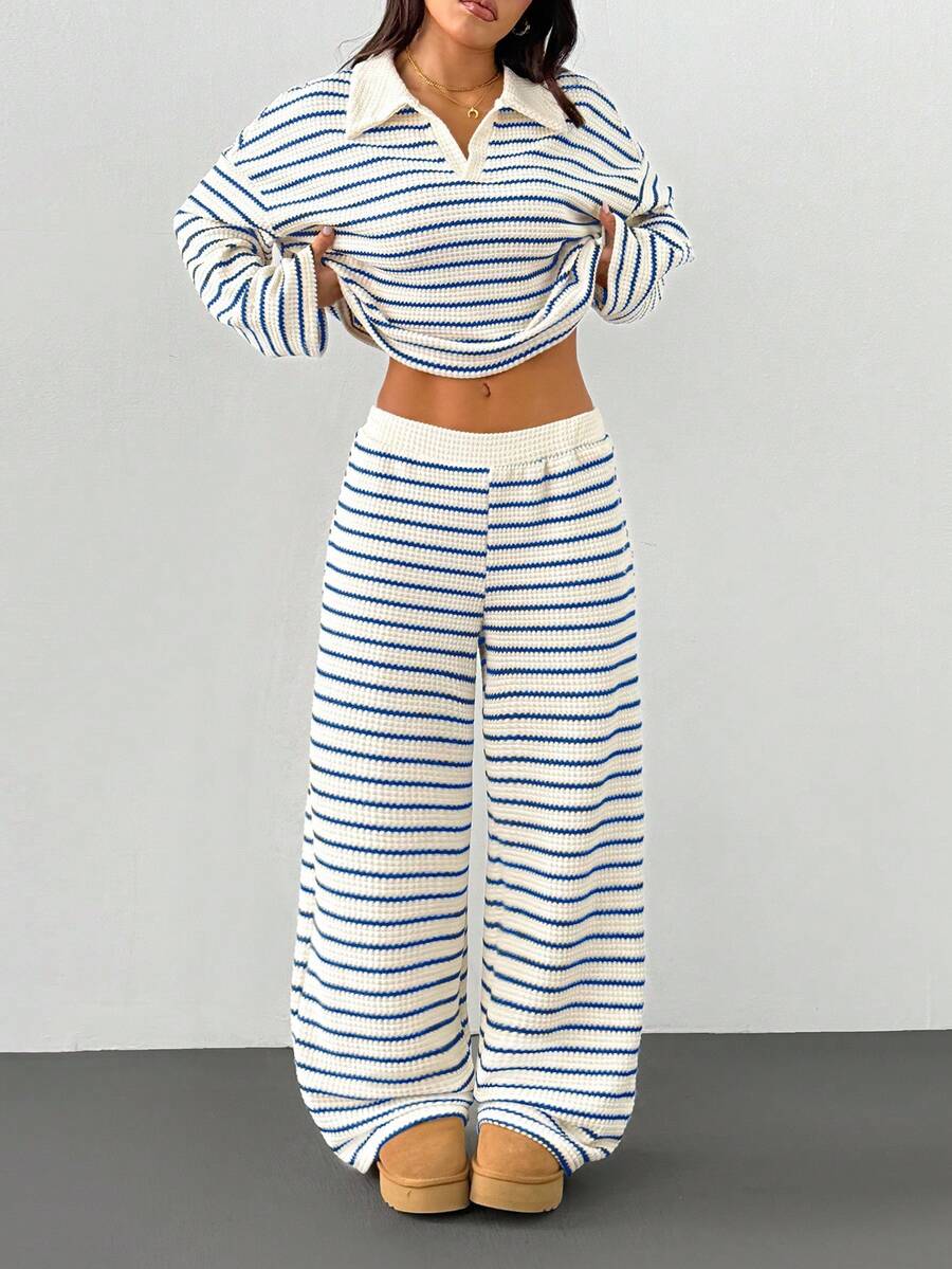 women's striped waffle knit long sleeve lounge set