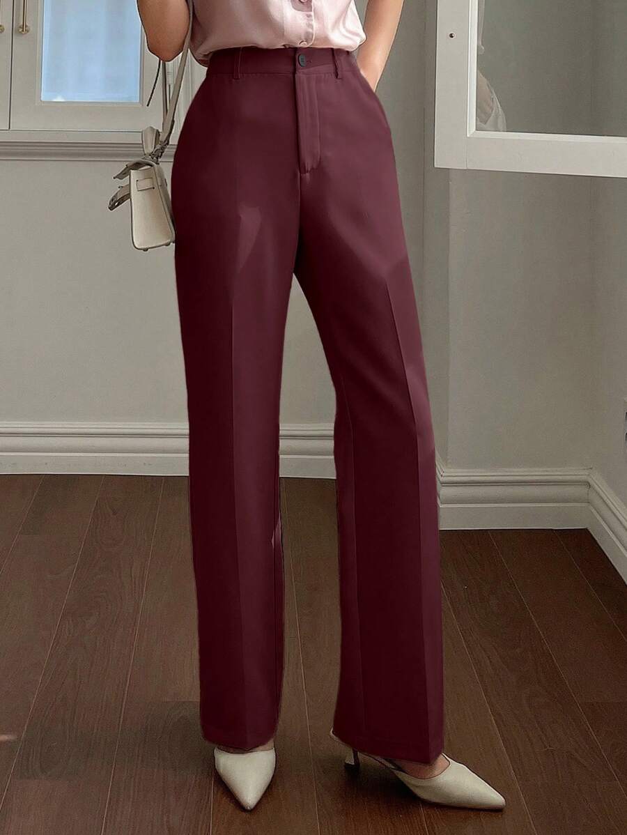 solid burgundy straight leg business casual trousers