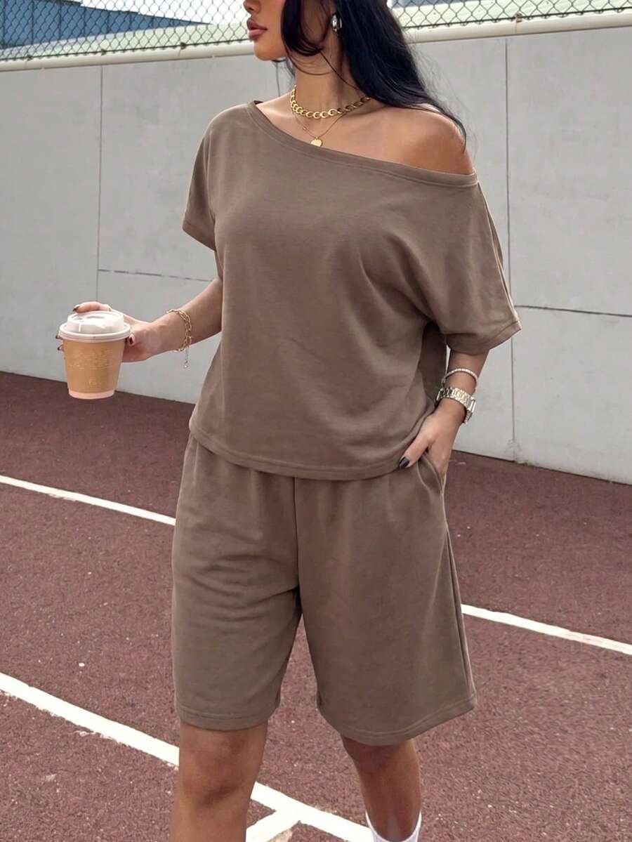 brown asymmetric neck short sleeve t-shirt