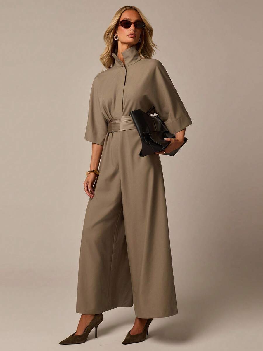 khaki cinched waist wide leg jumpsuit