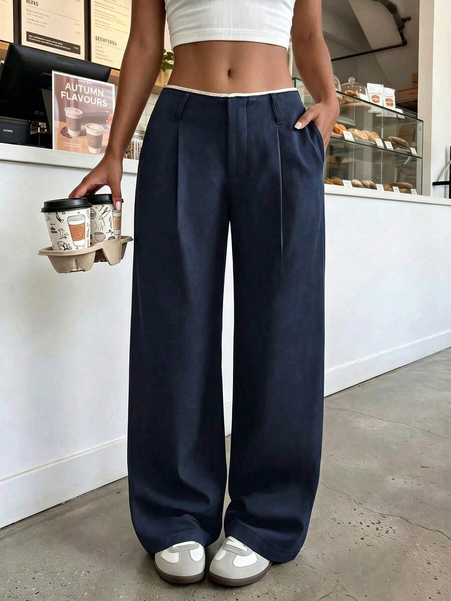 navy blue straight leg tailored trousers