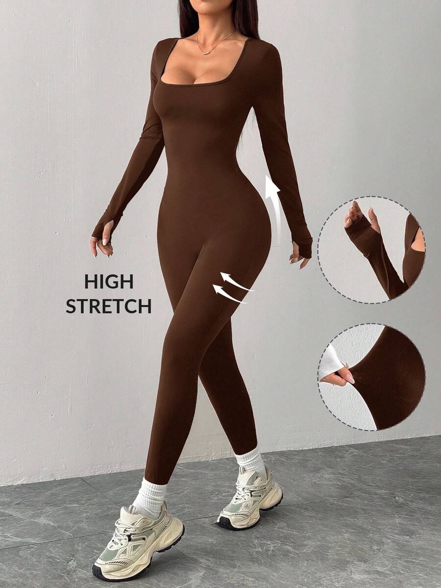 brown knitted square neck long sleeve yoga jumpsuit