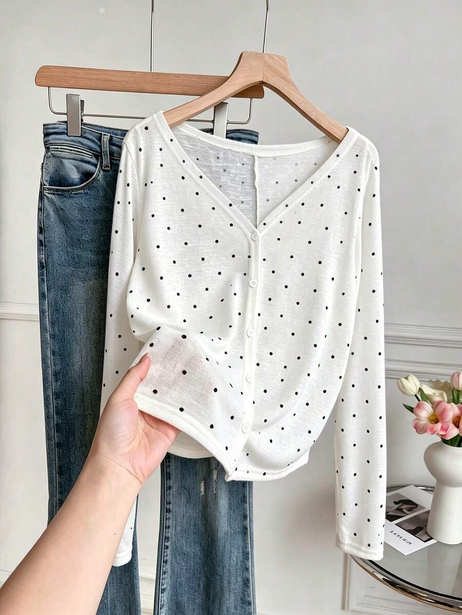 white and black polka dot long sleeve cardigan